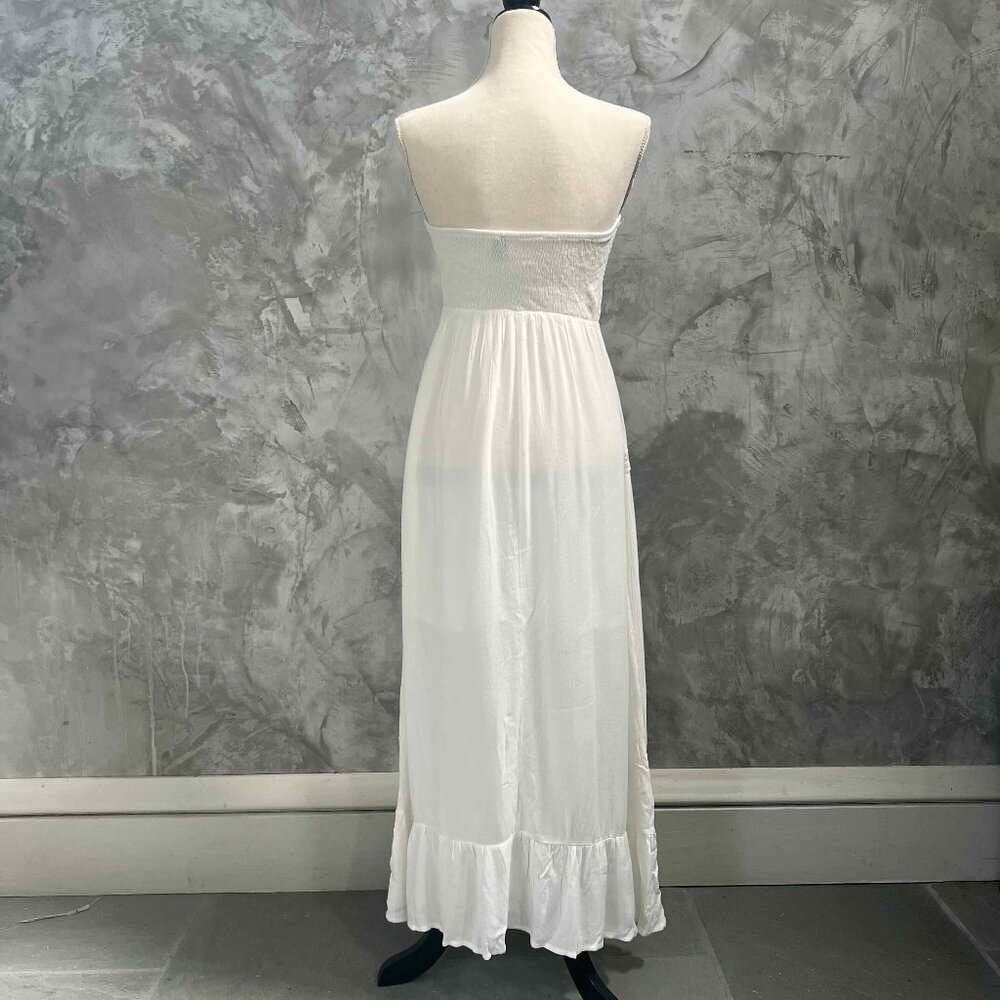 White Strapless Boho Embroidered A-Line Dress Holiday Wedding Romantic Festival - Picture 4 of 12